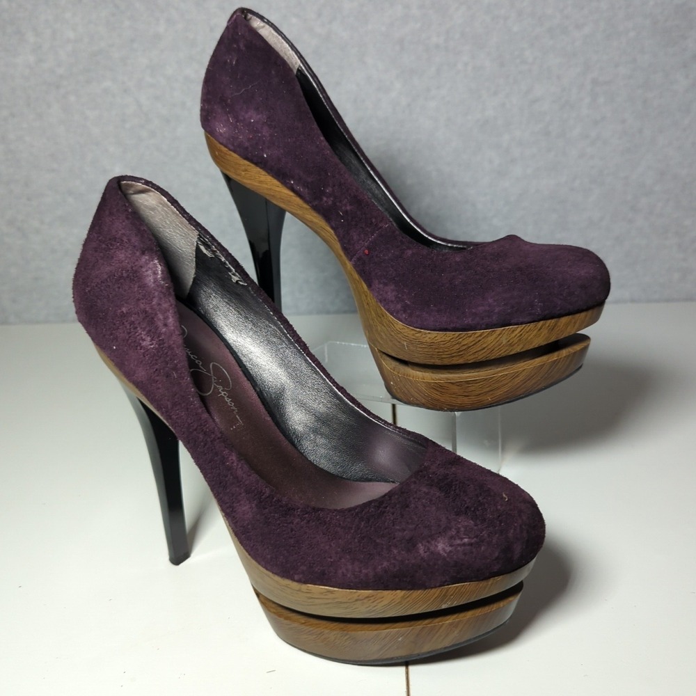 Jessica Simpson Purple Suede Wood Platform Heels Women's Size 8.5 StilettoY2K